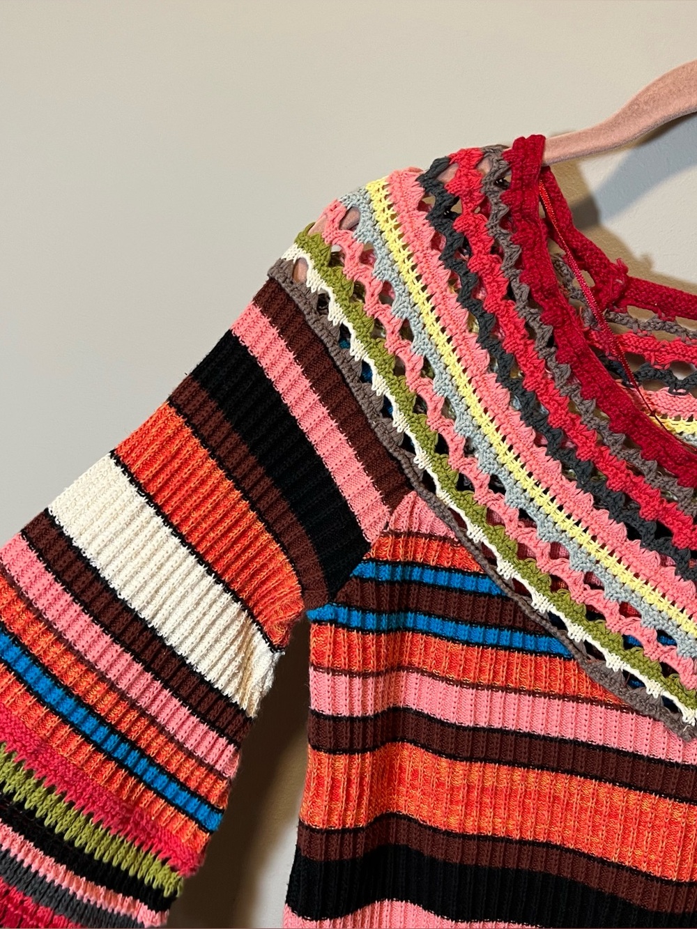 Free People Heart and Soul Multicolor Crochet Striped Sweater Boho Flare Medium - Picture 6 of 11